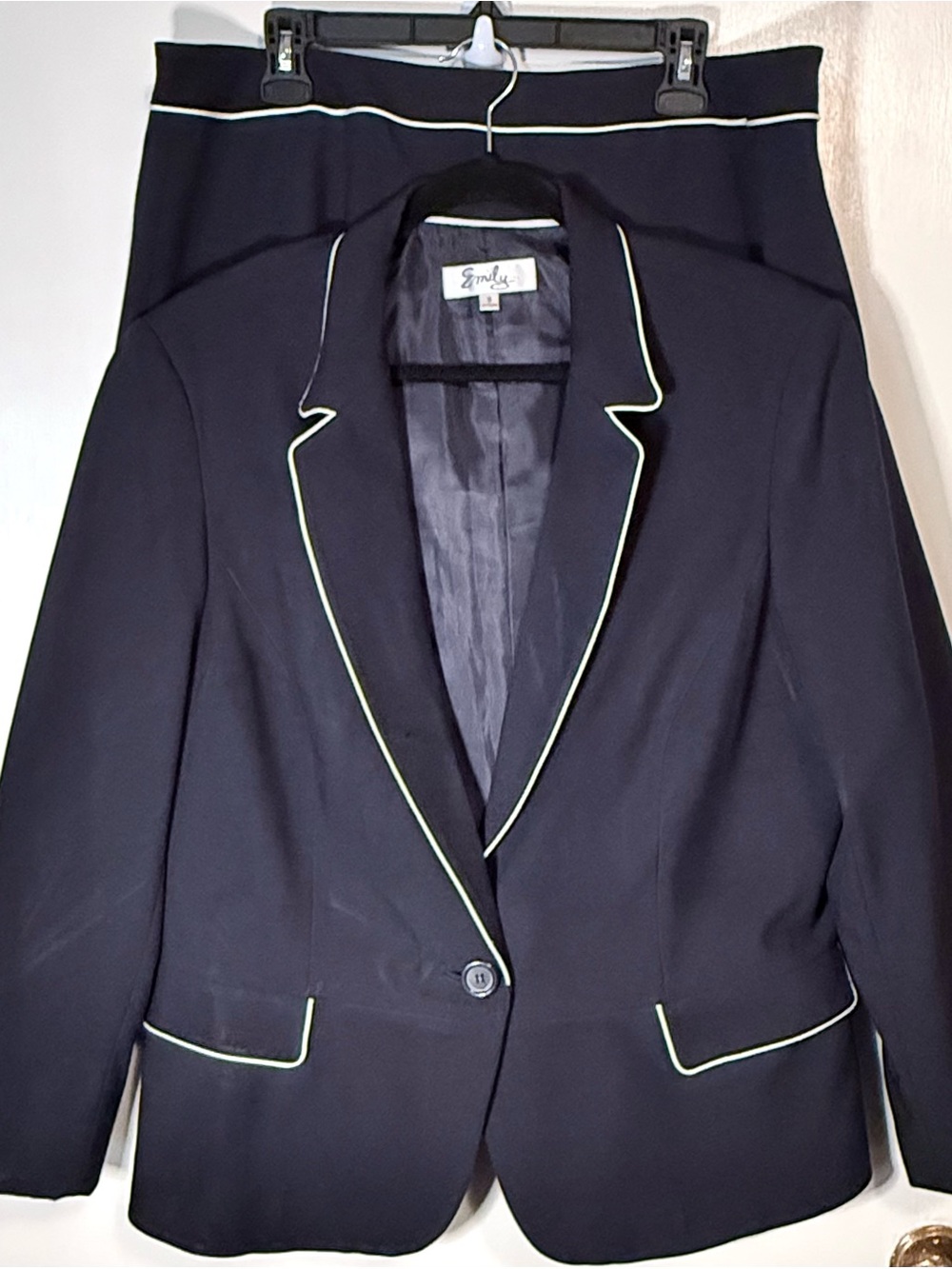 Emily Navy Blue Tailored Skirt Suit w/ White Piping